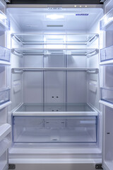 Open empty fridge, close up on empty fridge with door open