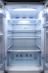 Open empty fridge, close up on empty fridge with door open
