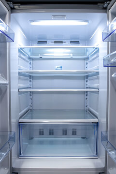 Open empty fridge, close up on empty fridge with door open