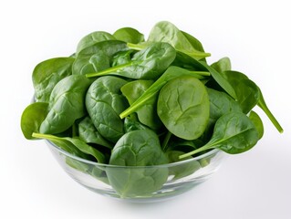 Fototapeta premium AI generated illustration of spinach leaves in a clear glass bowl on a white background