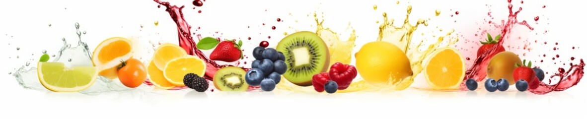 AI generated illustration of assorted fruits splattered on a white background