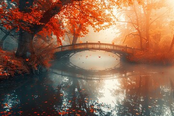 Autumn natural landscape. Bridge over a lake in the autumn forest. Path in the golden forest. Romantic view of the image scene. Magical foggy sunset pond. red tree leaves
