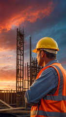 Portrait of a construction worker wearing hard hat and vest with a beautiful sunset over the construction site in the background