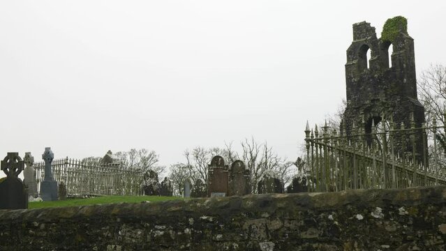 Ancient Graves At Donaghmore Cemetery In Navan, County Meath, Ireland. Zoom Out Shot