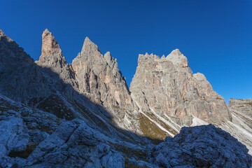 Awesome summer view of rocky ridges of Pala di Popera Mountain in Comelico region, Dolomites, Italy
