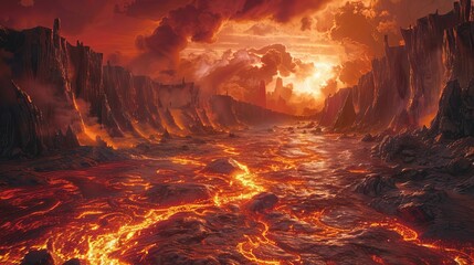 Craft a menacing side view of Hells fiery depths, featuring towering obsidian cliffs, swirling lava rivers, and ominous red skies, rendered in hyper-realistic digital art