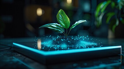 Glowing Plant on Futuristic Tech Platform at Night