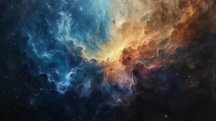 Craft a serene and captivating depiction of a galaxy cluster using traditional art mediums like oil paints or watercolors