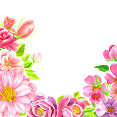 watercolor pink and purple floral corner frame, on white background, pink peonies, roses, tulips, daisys, green leaves, isolated, clipart style with space for text in the center of the design, pink