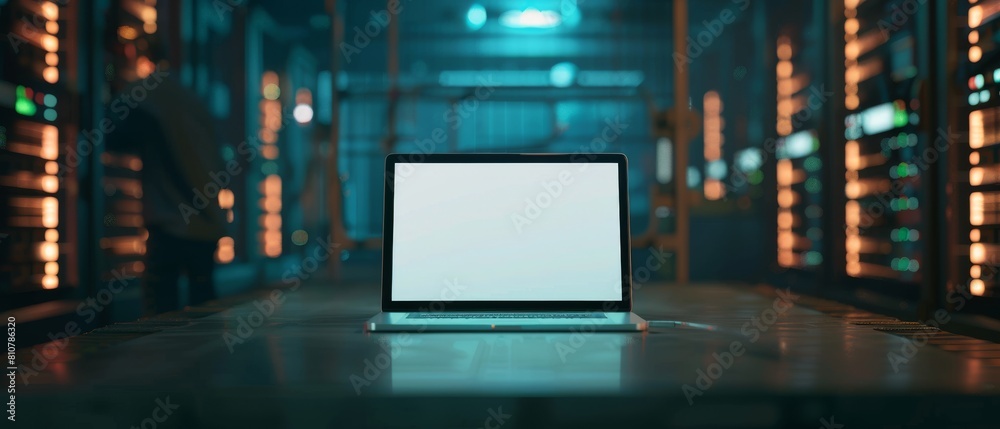 Poster on the table is a laptop with a white screen. in the background is a data center with rows of racks 