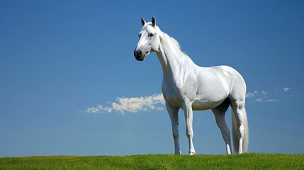 Graceful White Stallion in Vast Green Pasture.