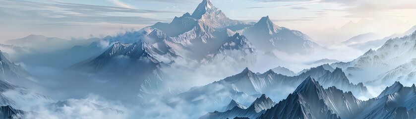 Panoramic landscape of snow-capped mountains with clouds in the foreground.
