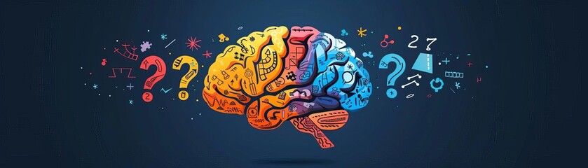Fototapeta premium An abstract, stylized graphic depicting a brain made up of various game elements like puzzles, mazes, and question marks, symbolizing the cognitive benefits of educational games