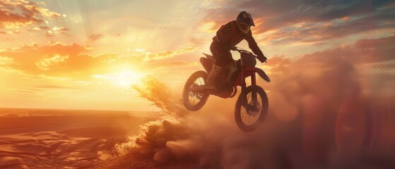 In the background, a beautiful sunset can be seen as a professional riding his FMX motorcycle across sandy off-road tracks.