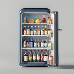 Vintage refrigerator opened with groceries, fresh vegetables and drinks inside isolated on grey background. Well-organized fridge