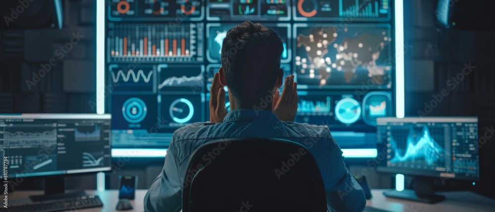 Poster among the monitors displaying data and graphs in the data mining center, a statistician claps his ha