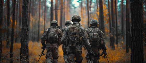 This image shows a squad of five fully equipped soldiers in camouflage on a reconnaissance mission. They're moving in formation through dense forest. Back view.