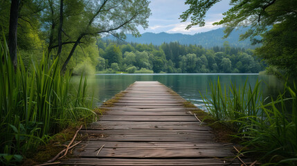 Fototapeta premium Serene Nature Escape: Wooden Dock Amidst Lush Greenery, Leading to a Tranquil Lake, Surrounded by Forested Mountains Under a Clear Sky.”