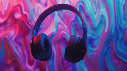 Immerse in the World Music Day vibe with black headphones against a vibrant background