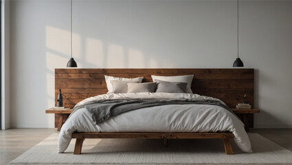 Wooden bed against a clean white wall, Generative AI