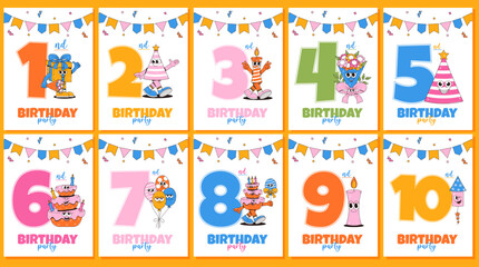Childrens Happy Birthday party invitation set in retro groovy style. Funky walking character and number 1,2,3,4,5,6,7,8,9,10. Kids vector illustration