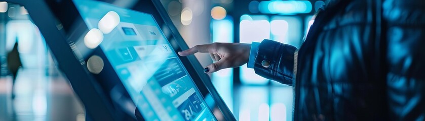 Customer using a digital kiosk for automated banking services in a futuristic bank branch with touchscreens