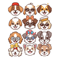 Collection of adorable cartoon dog faces wearing various accessories, such as hats, glasses, and bows, capturing the playful and diverse personalities of pets in a delightful illustrated style - AI ge