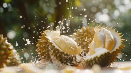 Fresh durian falling in the air, Durian fruit on natute green background