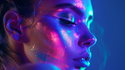 Fashion model woman in neon light, portrait Art design