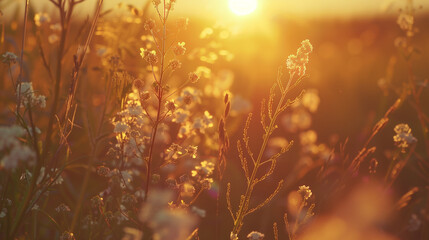 Landscape nature background of beautiful flower field on sunset