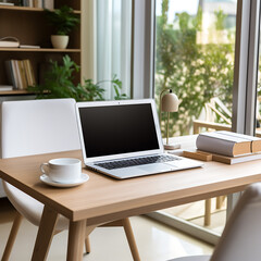 Fototapeta premium Laptop with blank screen, coffee cup and flowers on wooden table