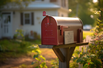 Red mailbox at the entrance of a house