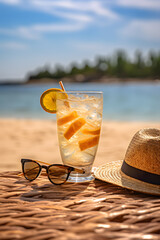 Straw hat, sunglasses and cocktail on a tropical beach
