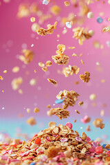 Fototapeta premium Fresh Granola flakes falling in the air on pink background. Food zero gravity conception.