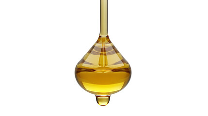 Drop of olive oil or oily cosmetic liquid dripping on a white background.