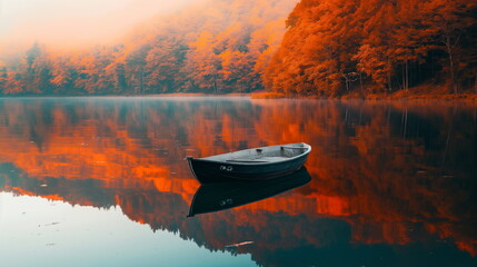 rowboat drifting lazily on a calm lake, surrounded by reflections of autumn foliage