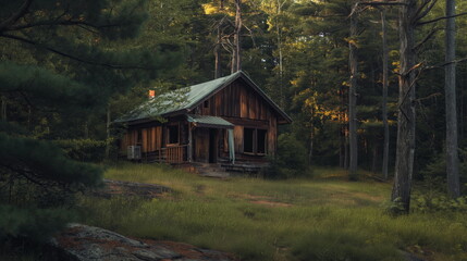 abandoned rustic cabin nestled among tall pine trees in a serene forest clearing