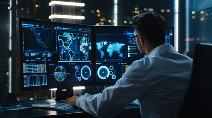 scientist utilizes an advanced dashboard to analyze cutting-edge scientific and research data, embodying a futuristic approach to technology.