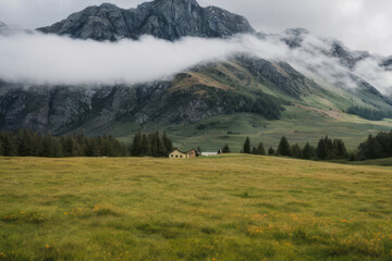 Fototapeta premium Idyllic panoramic view of cows grazing on green alpine meadow with snow-capped mountain peaks