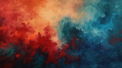 A wide landscape-oriented abstract painting, with fiery red and soothing blue tones