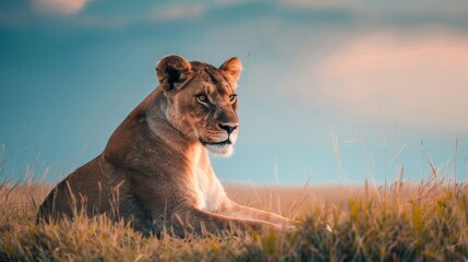 Lioness Observing Her Territory in the Serengeti AI Generated