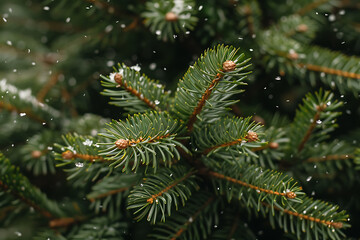 a close up view of Christmas tree branches with a garland against falling snow.