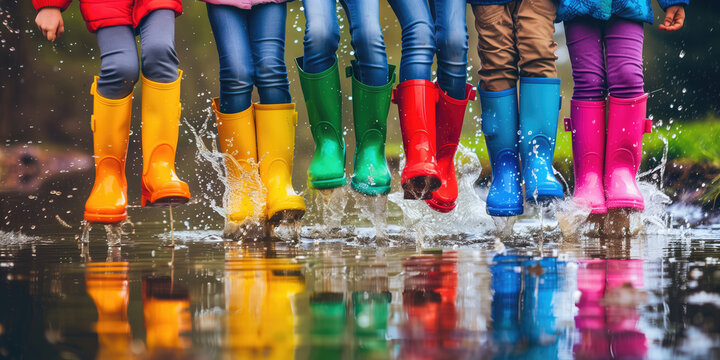 Children in colorful rubber boots playing and jumping in water puddle on a rainy day.