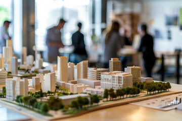 Obraz premium Complex scale city model on the table in project office. Real estate architect team working on new urban and business buildings project