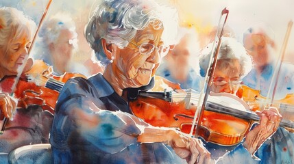 Watercolor painting of a senior attending a music therapy session, showcasing the healing and joy of music in enhancing retirement life, elderly social activity playing music with friends or community