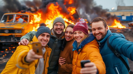 Smiling friends captures a moment together with a burning vehicle in the urban background