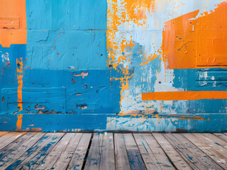 blue and orange color hand brush paint on old wall background with the floor. cement wall texture with copy space