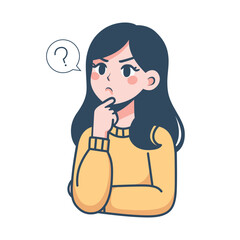 woman thinking cartoon illustration. girl cartoon character minimalist style