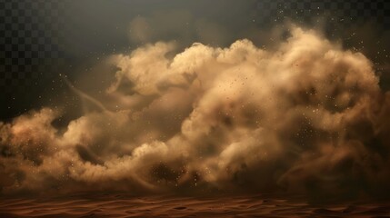 A brown duststorm or twisted sandstorm in the desert accompanied by a gust of wind, a realistic texture modern illustration with brown smoke.