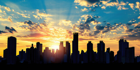 Obraz premium Big city skyline with skyscrapers at sunset or sunrise.